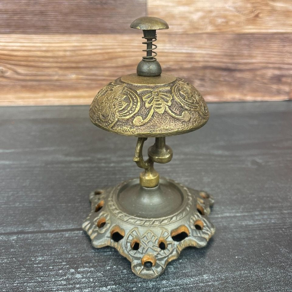 Hotel Desk Bell On Stand Solid Brass With Butterfly Engraving And Antique Finish (5" x 3.5")