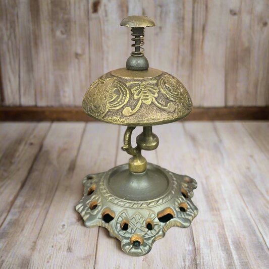 Hotel Desk Bell On Stand Solid Brass With Butterfly Engraving And Antique Finish (5" x 3.5")