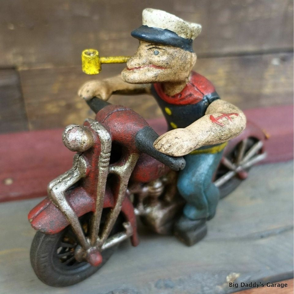 Popeye Sailor Man Patrol HD Motorcycle Figurine Cast Iron Painted With Antique Finish (8" x 6")