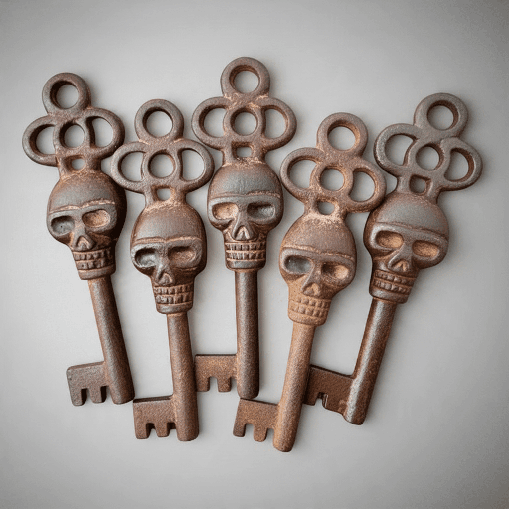 Jones Peak set of five decorative cast iron skeleton keys featuring antique-finished skull designs for gothic decor.