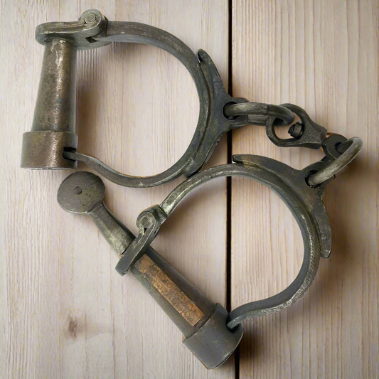 Folsom Prison California Cast Iron Handcuffs With Brass Tag & Antique Finish (12.5" Long)