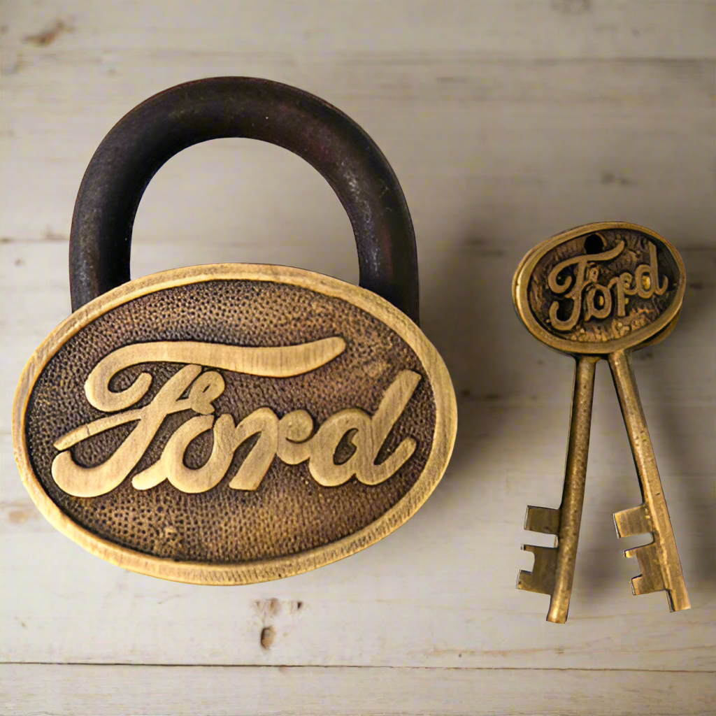 Ford Logo Cast Iron Lock With Raised Lettering Antique Finish (3.5" x 3")