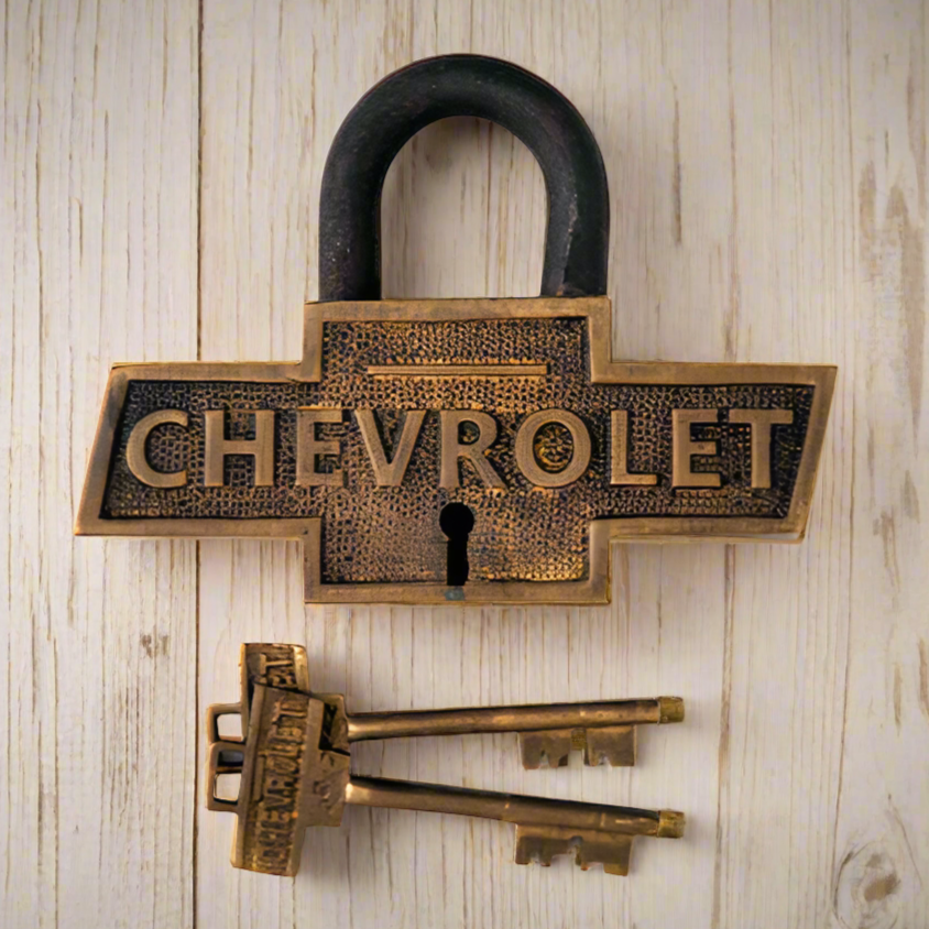 Chevrolet Solid Brass Lock With Keys And Antique Finish (4.5" x 3.5")