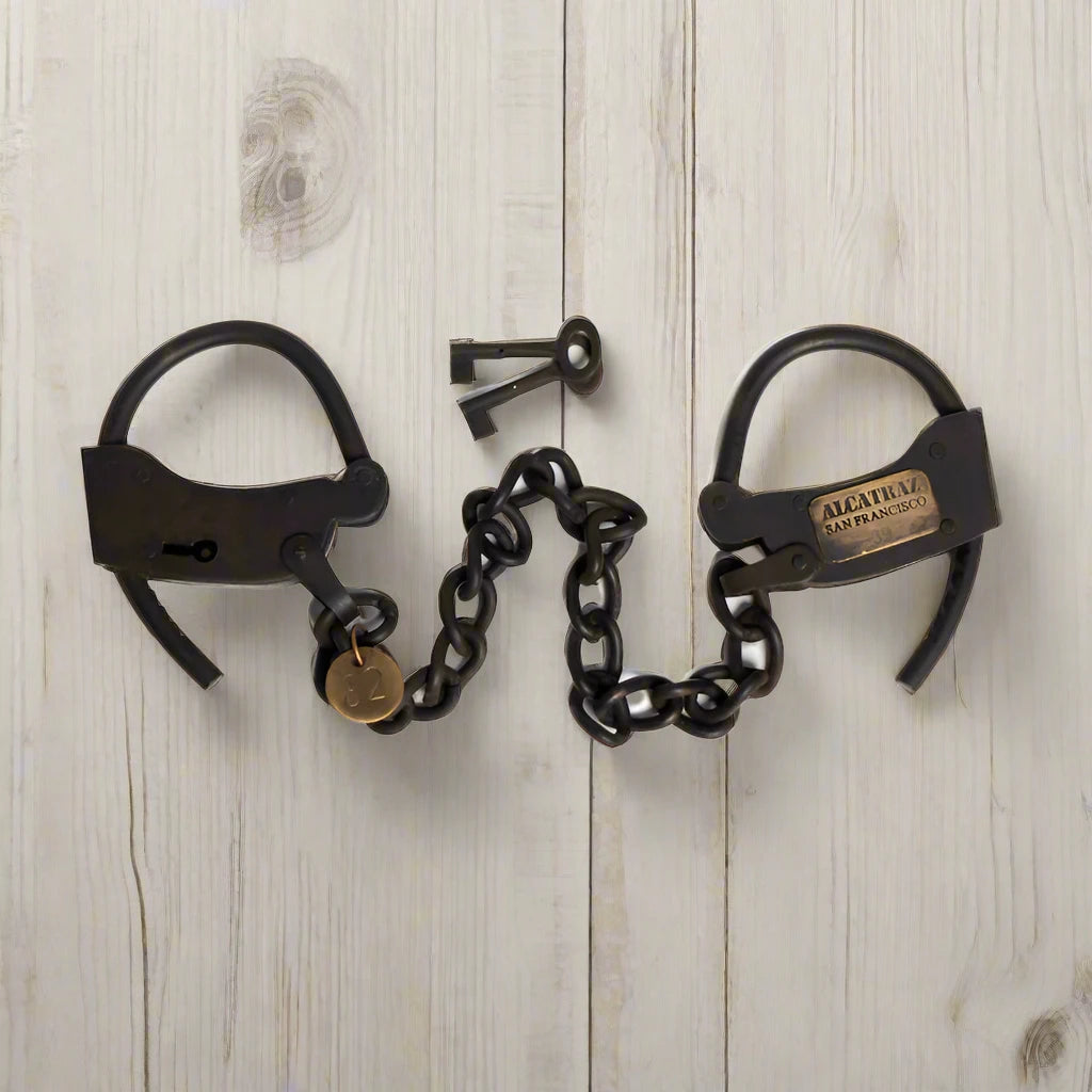 Alcatraz Prison San Francisco Iron Adjustable Handcuffs With Chain Serial Tag And Antique Finish  (23" Long)