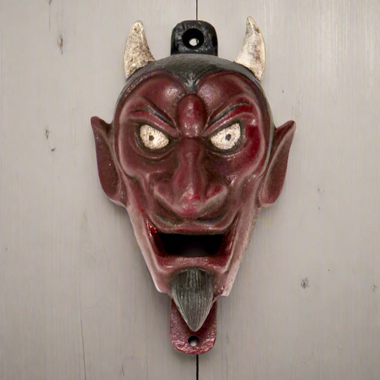 Red Horned Devil Wall Mounted Cast Iron Bottle Opener With Painted Antique Finish (3" x 5")