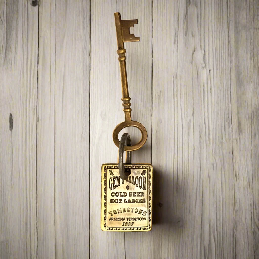 Gem's Saloon 1886 Tombstone Brothel Room Brass Tag & Key With Antique Finish (6.5" Long)