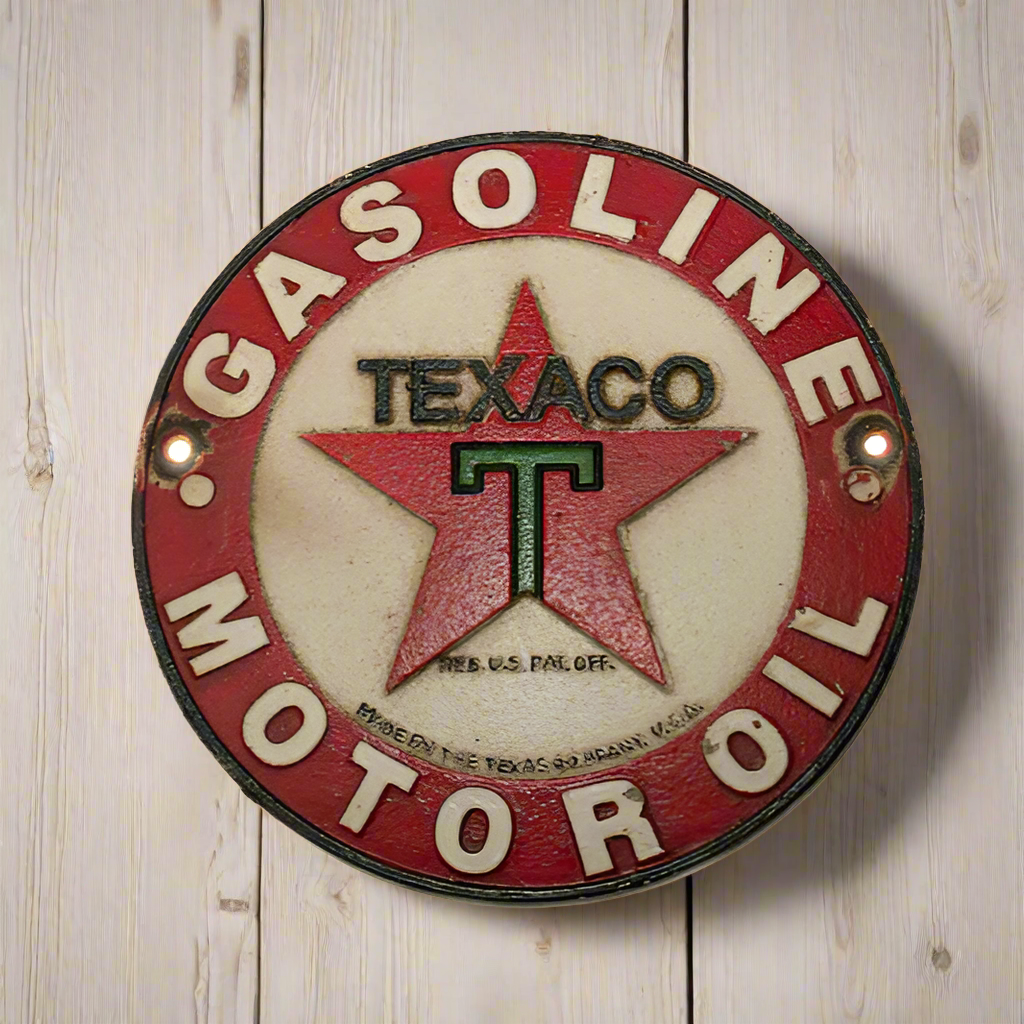 Texaco Motor Oil Cast Iron Plaque With Painted Antique Finish (8" Round)