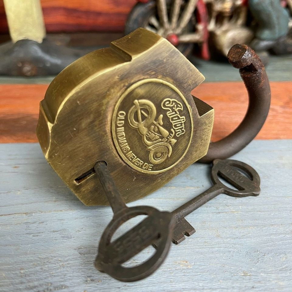 Indian Motorcycles Solid Brass Working Lock With Keys and Antique Finish (3.25" x 2.25")