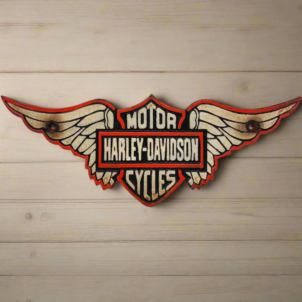 HD Motorcycles Wings Solid Cast Iron Plaque With Painted Antique Finish (15" x 6")