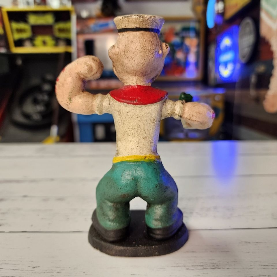 Popeye Sailor Man With Pipe & Spinach Cast Iron Figurine With Hand Painted Antique Finish (6" x 4.5" x 2")