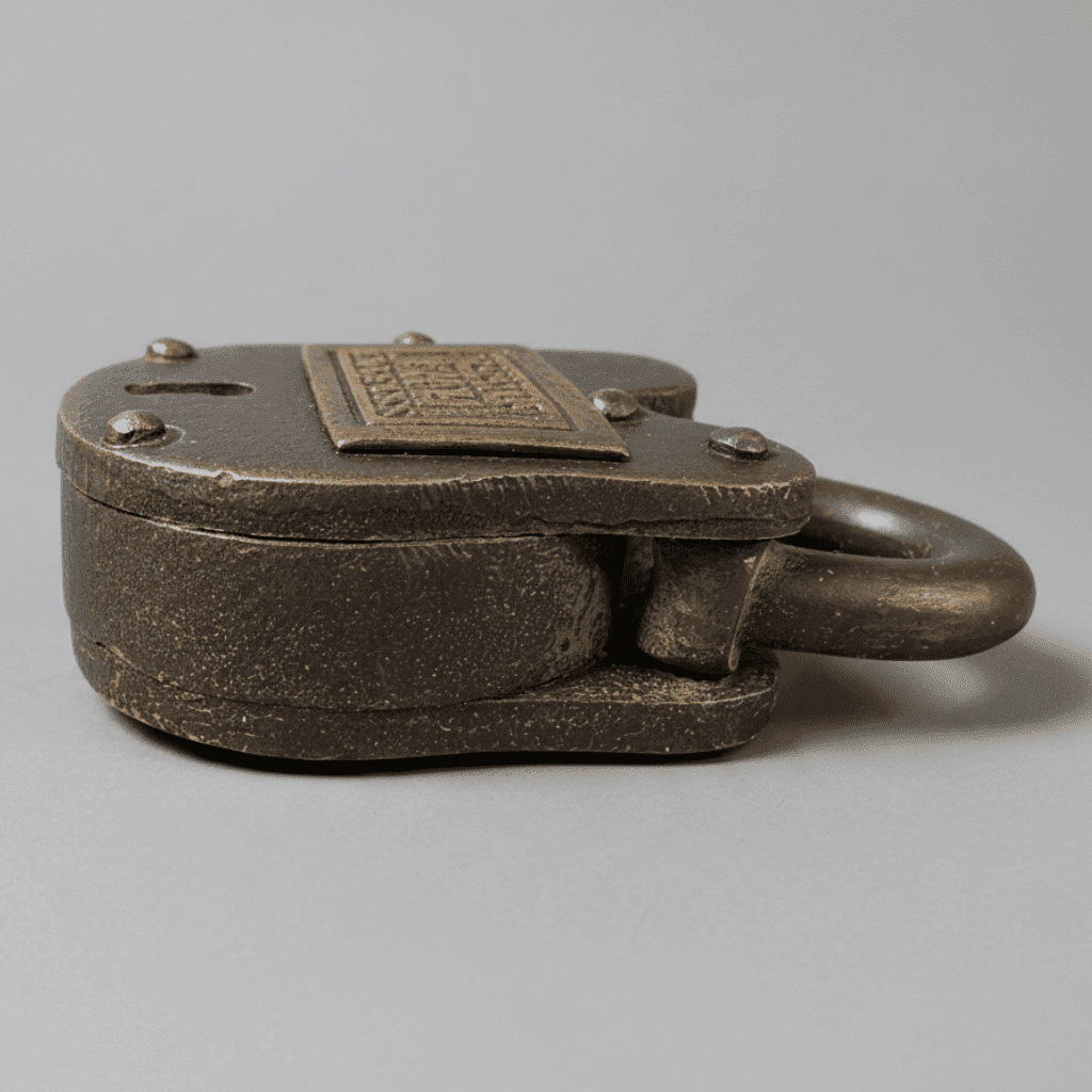 Jones Peak antique-style cast iron Pony Express lock with a brass tag and distressed finish on a grey background.