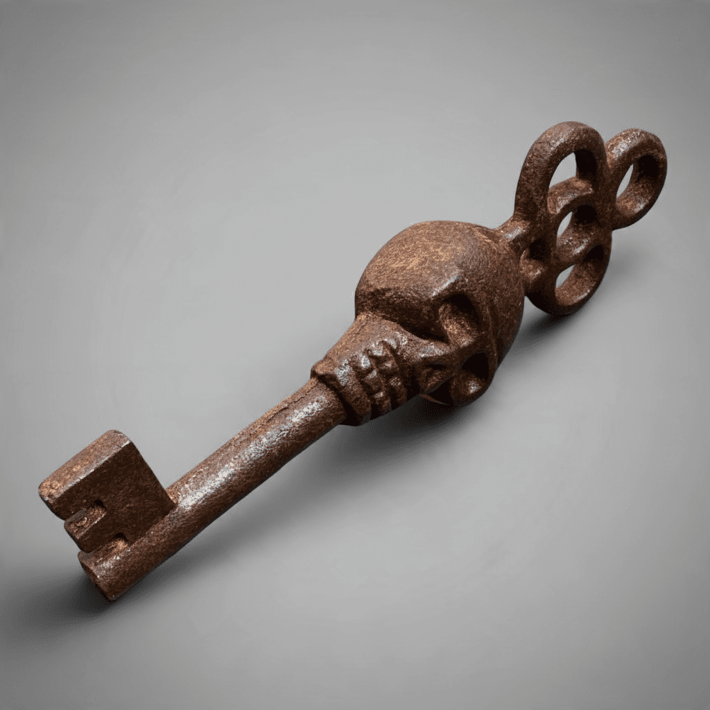 Jones Peak cast iron skeleton key with a skull design and antique distressed finish for decorative display