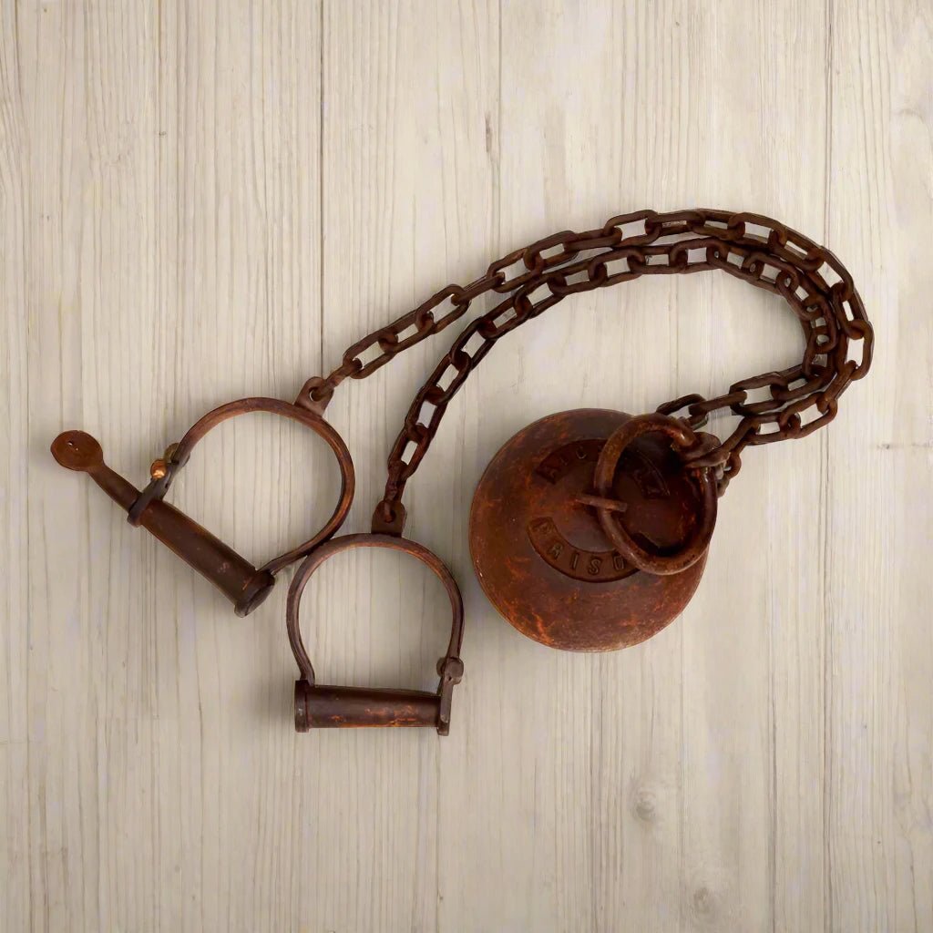 Alcatraz Prison San Francisco Cast Iron Working Ball & Chain Leg Irons With Antique Finish (28" Long) - Jones Peak