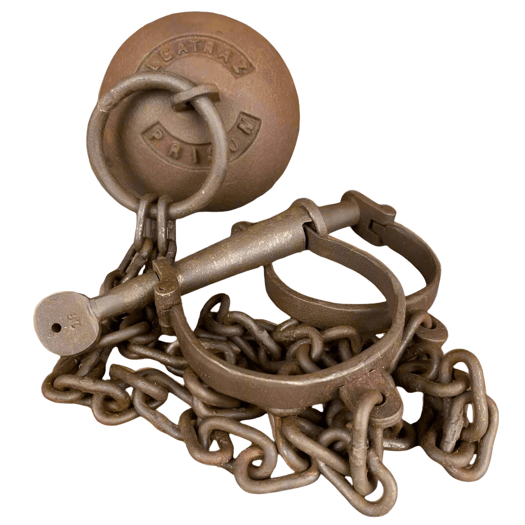Alcatraz Prison San Francisco Cast Iron Working Ball & Chain Leg Irons With Antique Finish (28" Long) - Jones Peak