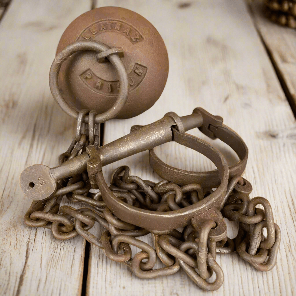 Alcatraz Prison San Francisco Cast Iron Working Ball & Chain Leg Irons With Antique Finish (28" Long) - Jones Peak