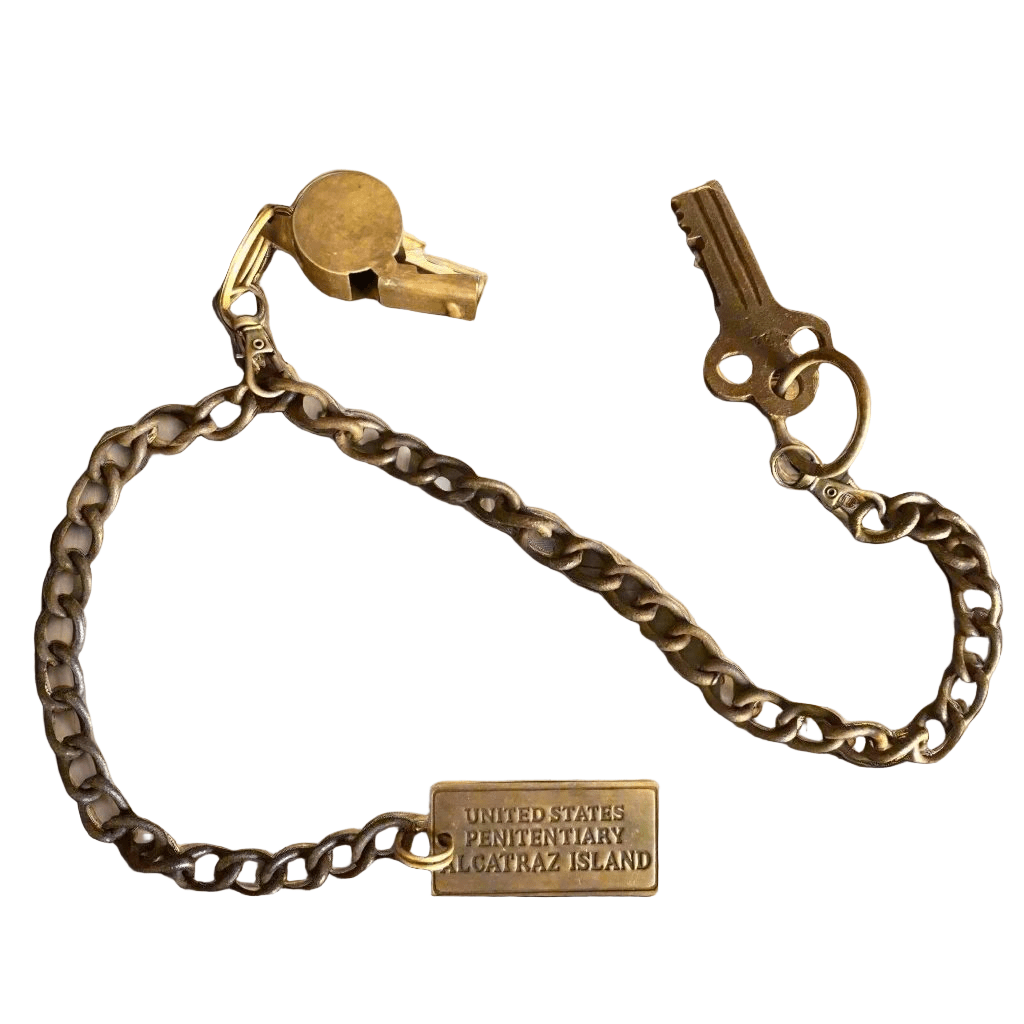 Alcatraz Prison San Francisco Guard Iron Cell Key, Tag & Solid Brass Whistle (27" Chain) - Jones Peak