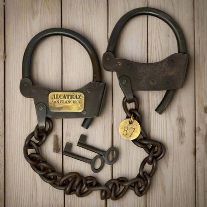 Alcatraz Prison San Francisco Iron Adjustable Handcuffs With Chain Serial Tag And Antique Finish (23" Long) - Jones Peak