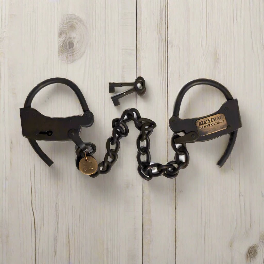 Alcatraz Prison San Francisco Iron Adjustable Handcuffs With Chain Serial Tag And Antique Finish (23" Long) - Jones Peak