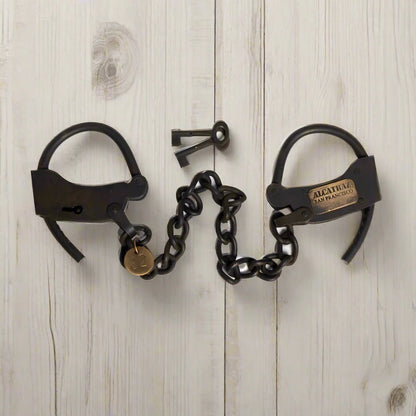 Alcatraz Prison San Francisco Iron Adjustable Handcuffs With Chain Serial Tag And Antique Finish (23" Long) - Jones Peak