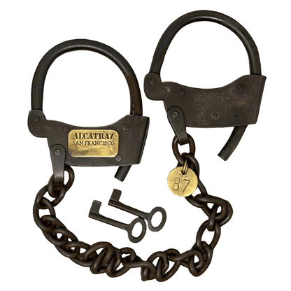 Alcatraz Prison San Francisco Iron Adjustable Handcuffs With Chain Serial Tag And Antique Finish (23" Long) - Jones Peak