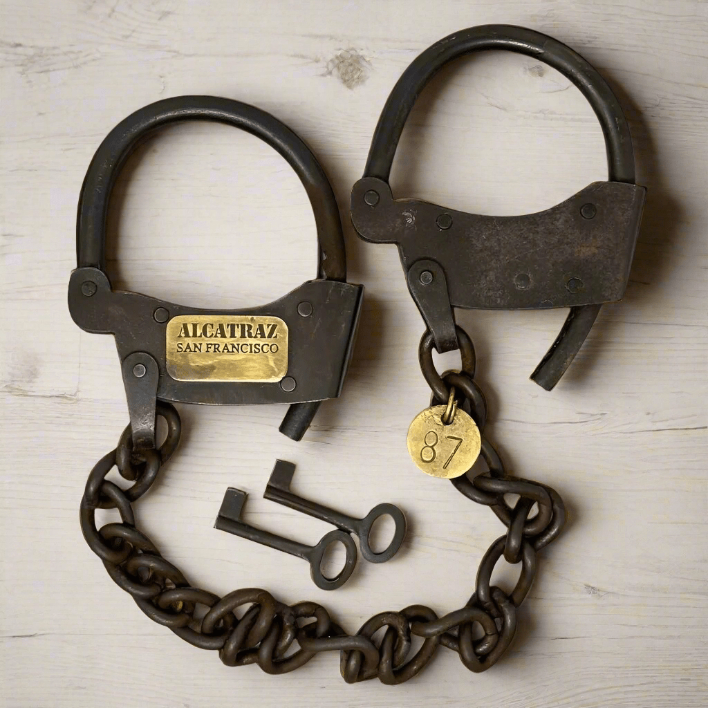 Alcatraz Prison San Francisco Iron Adjustable Handcuffs With Chain Serial Tag And Antique Finish (23" Long) - Jones Peak