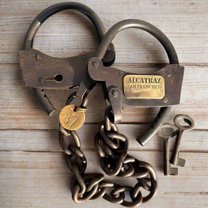 Alcatraz Prison San Francisco Iron Adjustable Handcuffs With Chain Serial Tag And Antique Finish (23" Long) - Jones Peak