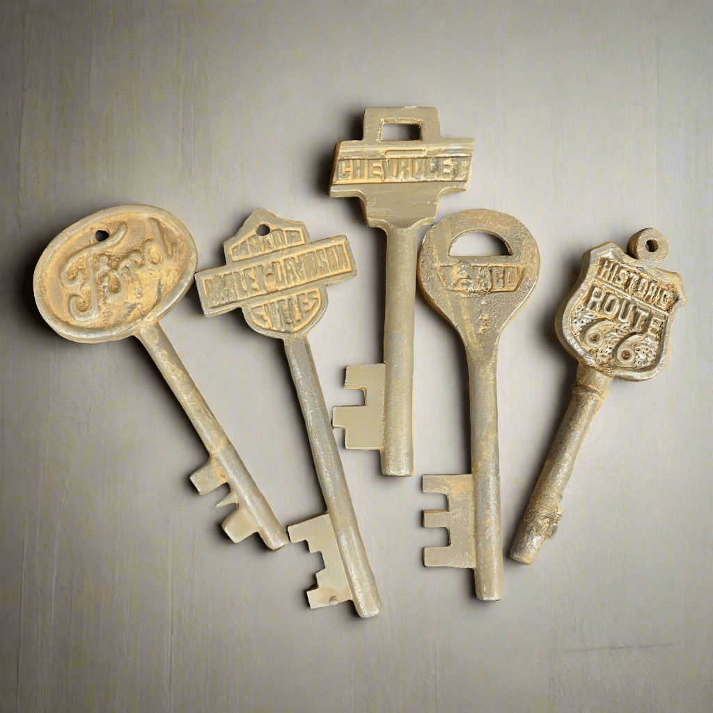 Automotive Cast Iron Set of 5 Keys With Antique Finish (Ford, HD, Chevrolet, Texaco, & Route 66) - Jones Peak