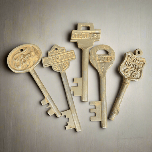 Automotive Cast Iron Set of 5 Keys With Antique Finish (Ford, HD, Chevrolet, Texaco, & Route 66) - Jones Peak