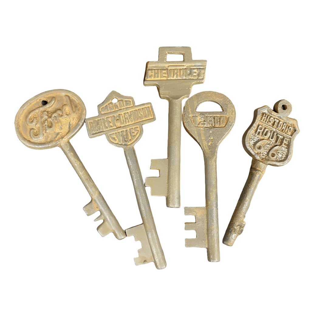 Automotive Cast Iron Set of 5 Keys With Antique Finish (Ford, HD, Chevrolet, Texaco, & Route 66) - Jones Peak