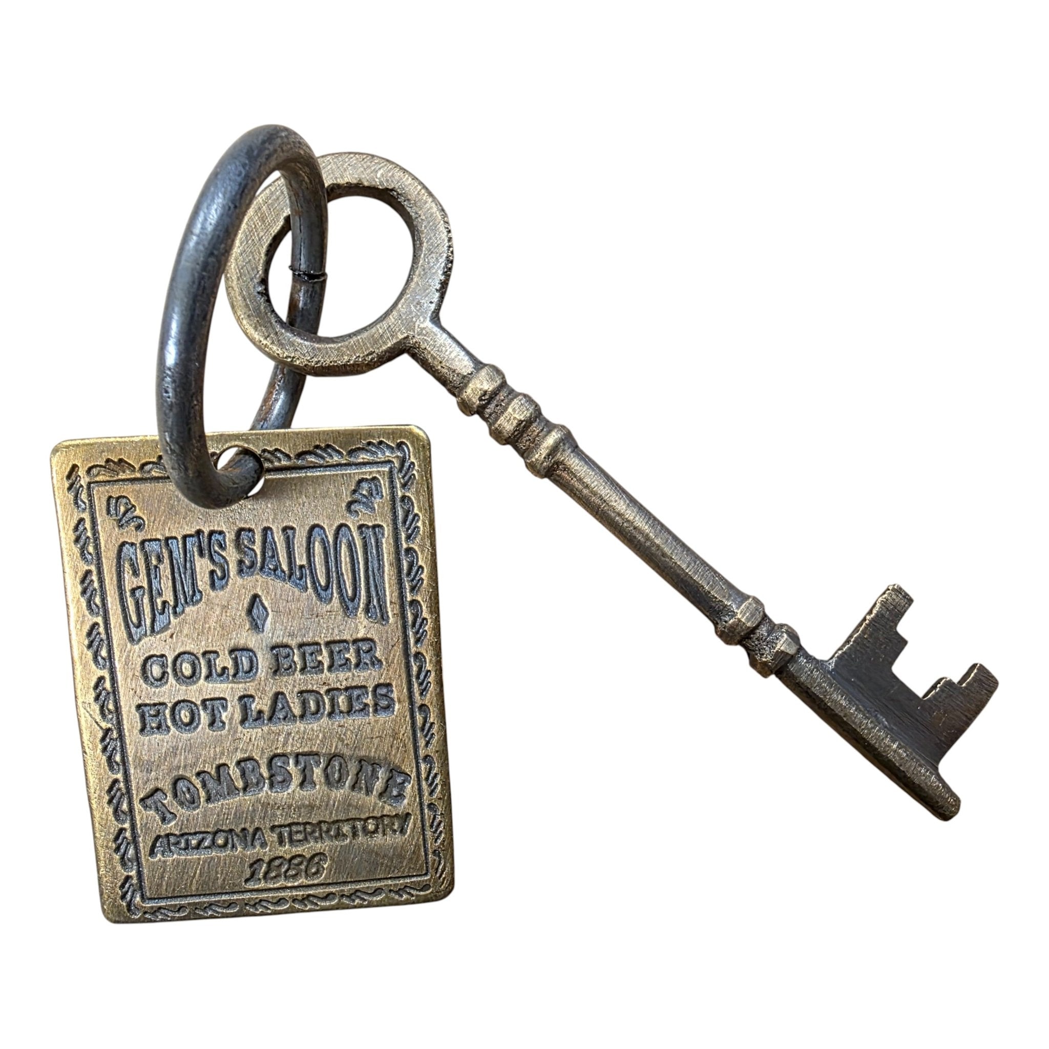 Gem Saloon 1886 Tombstone Brothel Room Brass Tag & Key With Antique Finish (6.5" Long) - Jones Peak