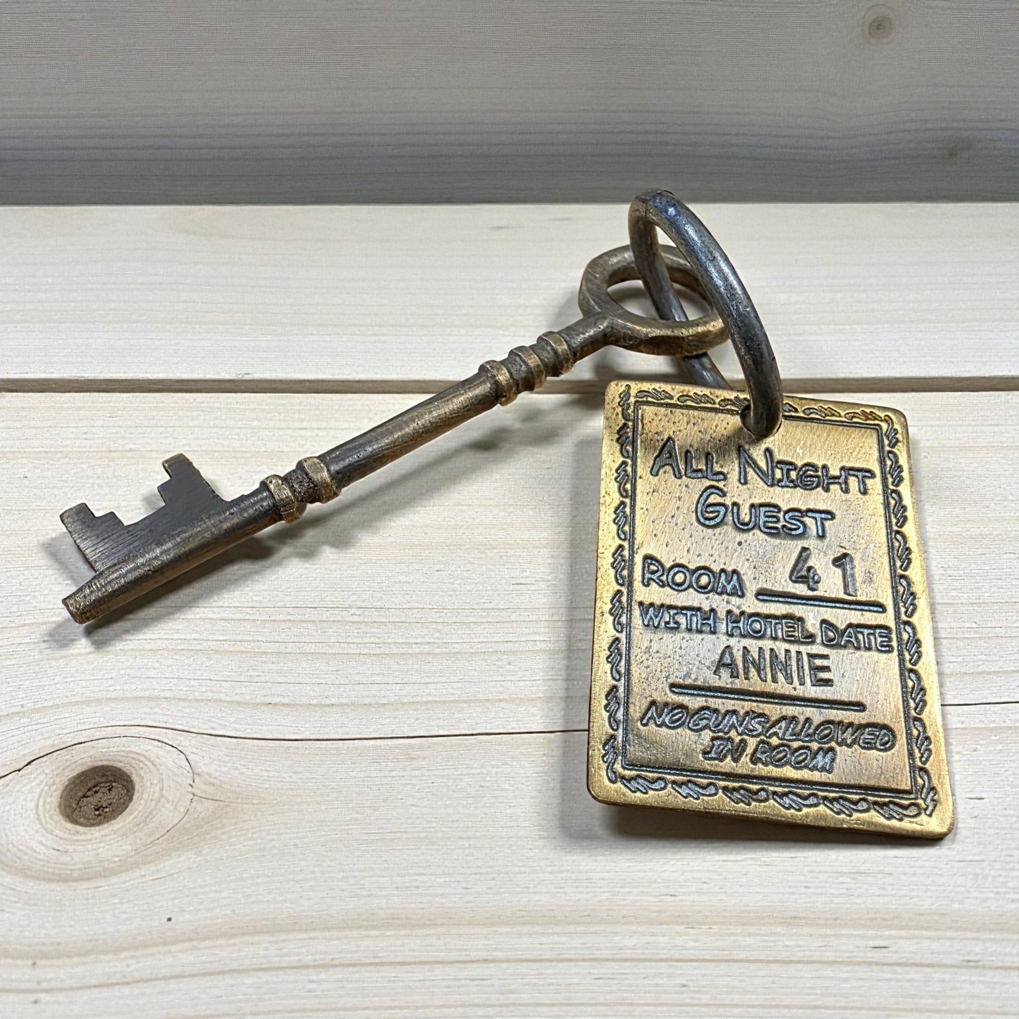 Gem Saloon 1886 Tombstone Brothel Room Brass Tag & Key With Antique Finish (6.5" Long) - Jones Peak