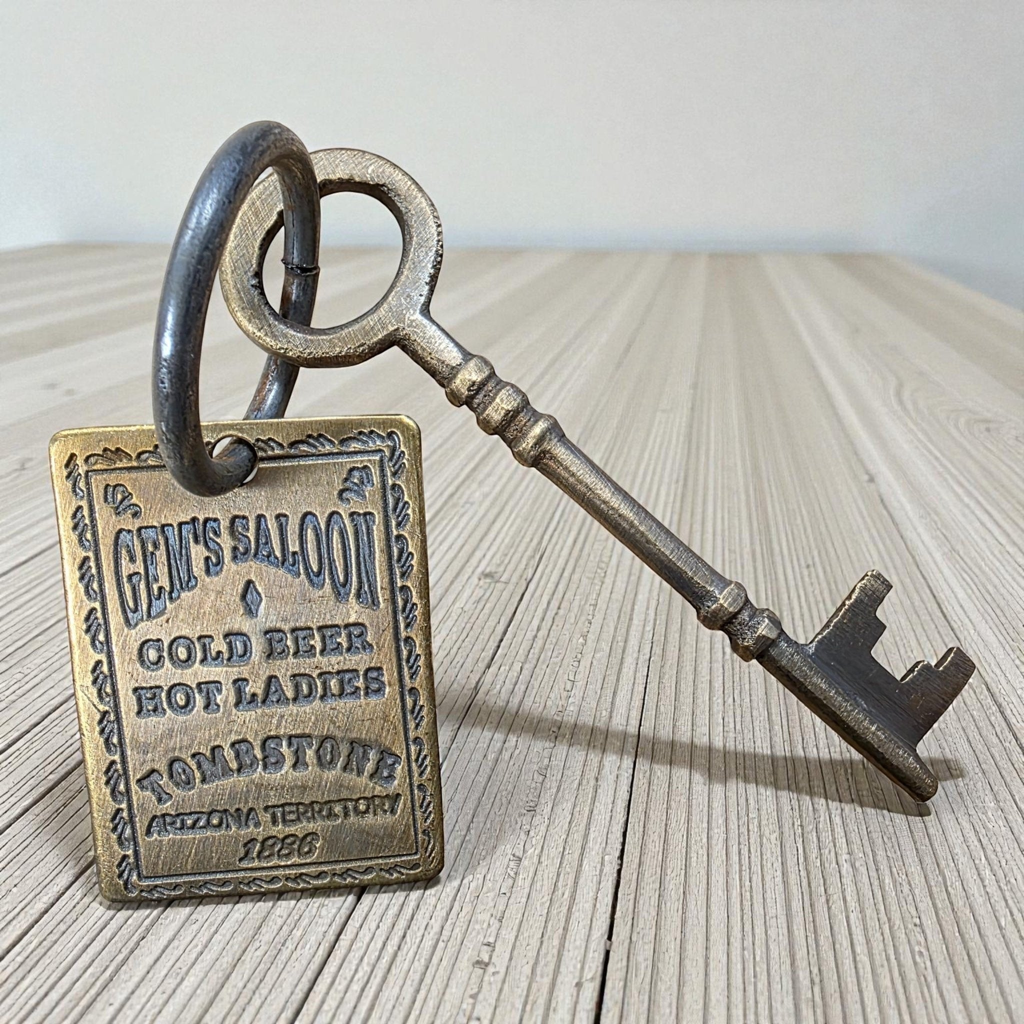 Gem Saloon 1886 Tombstone Brothel Room Brass Tag & Key With Antique Finish (6.5" Long) - Jones Peak