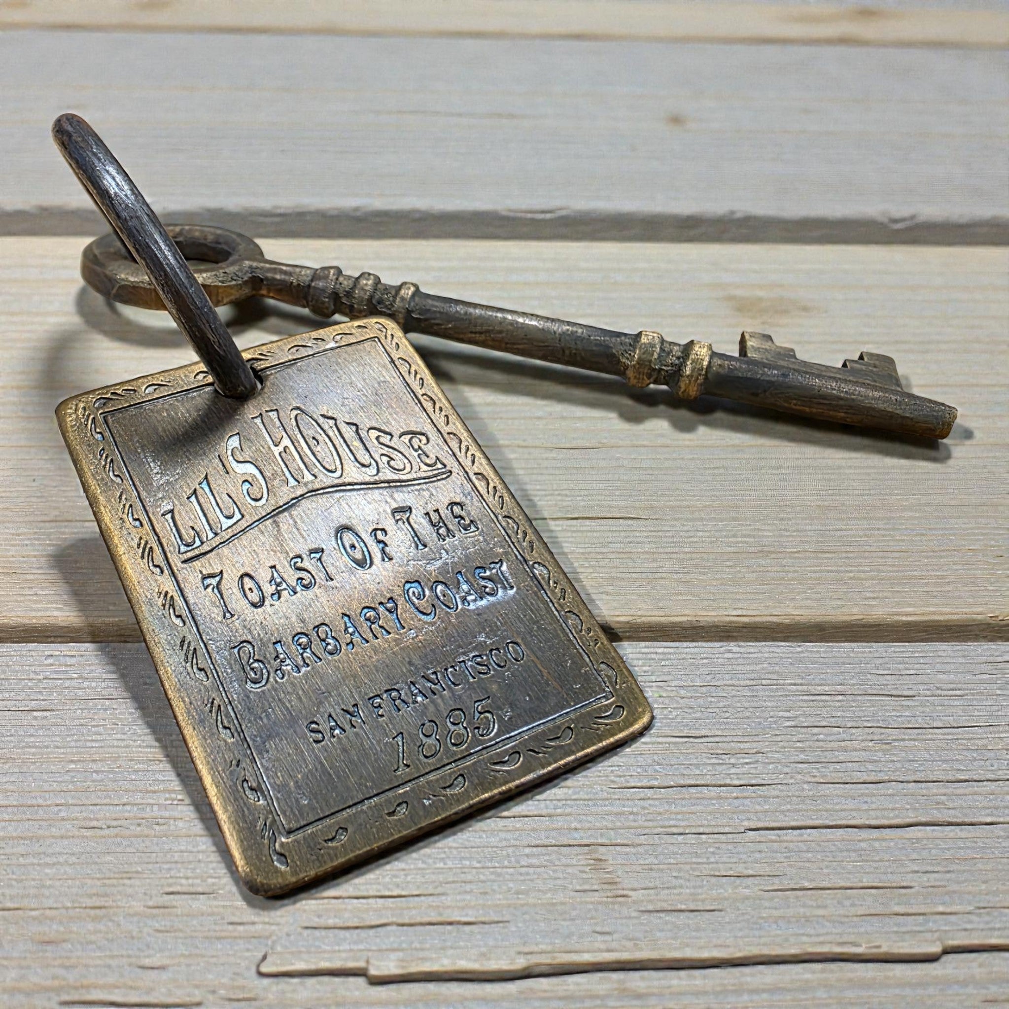 Lil's House San Francisco Brothel Room Brass Tag & Key With Antique Finish (6.5" Long) - Jones Peak