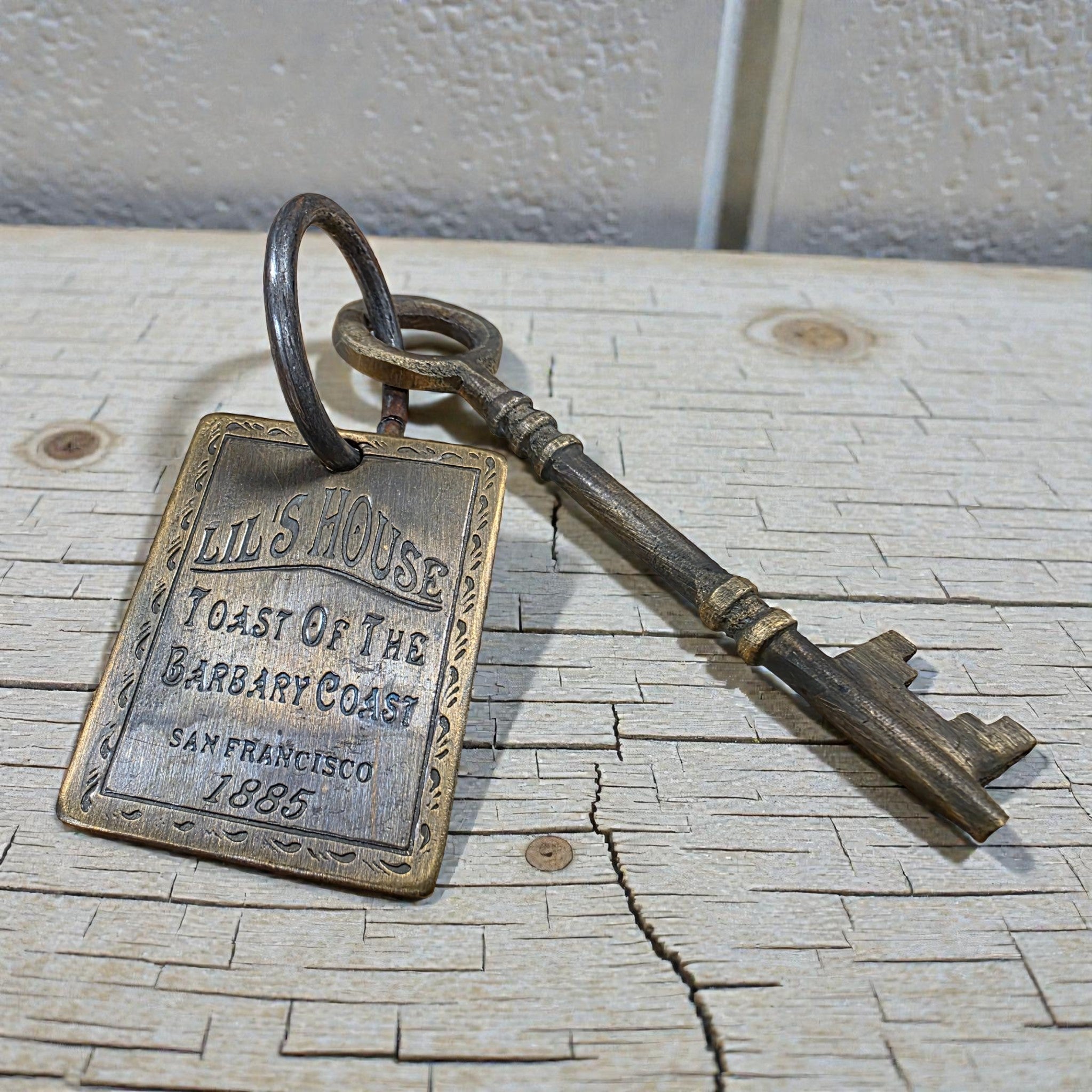 Lil's House San Francisco Brothel Room Brass Tag & Key With Antique Finish (6.5" Long) - Jones Peak