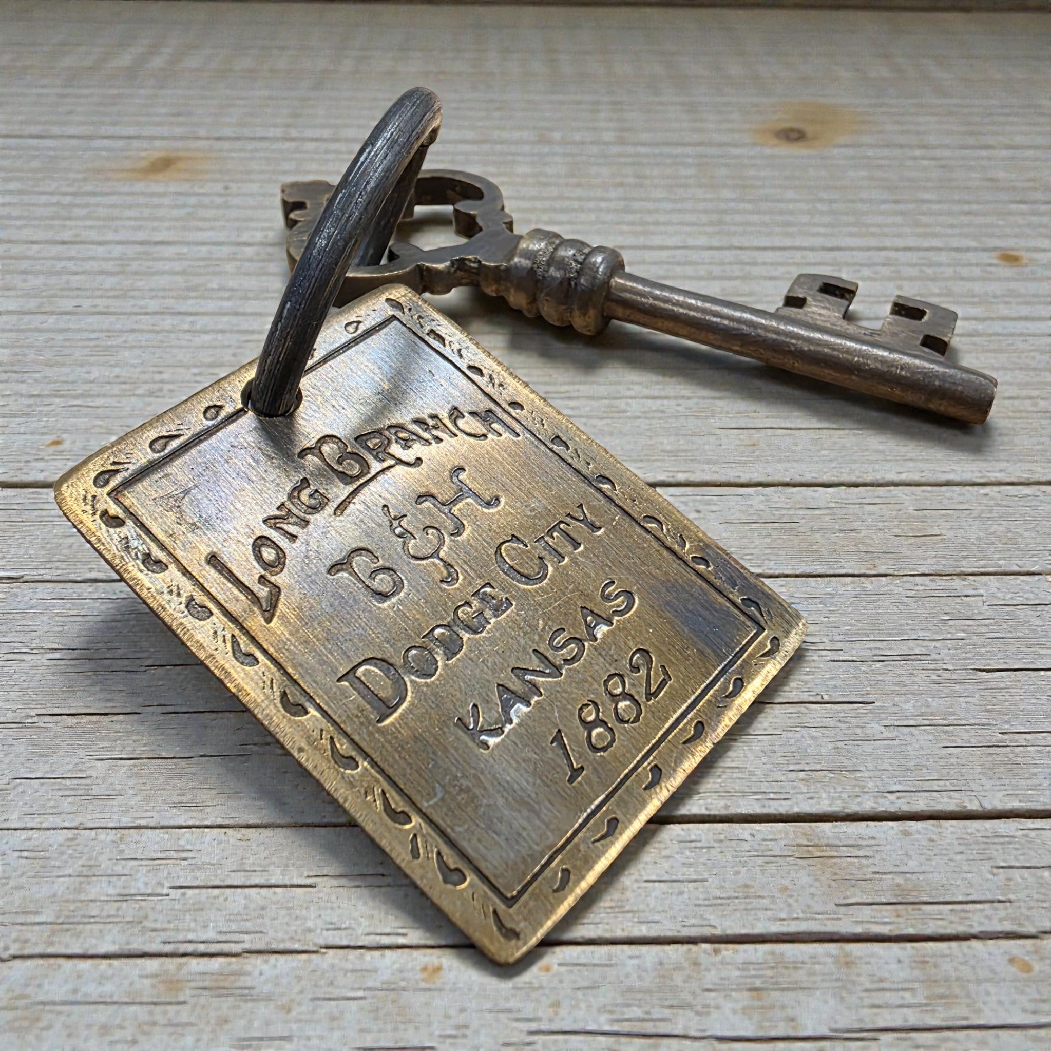 Long Branch 1882 Dodge City Brothel Room Brass Tag & Room Key With Antique Finish (6" Long) - Jones Peak