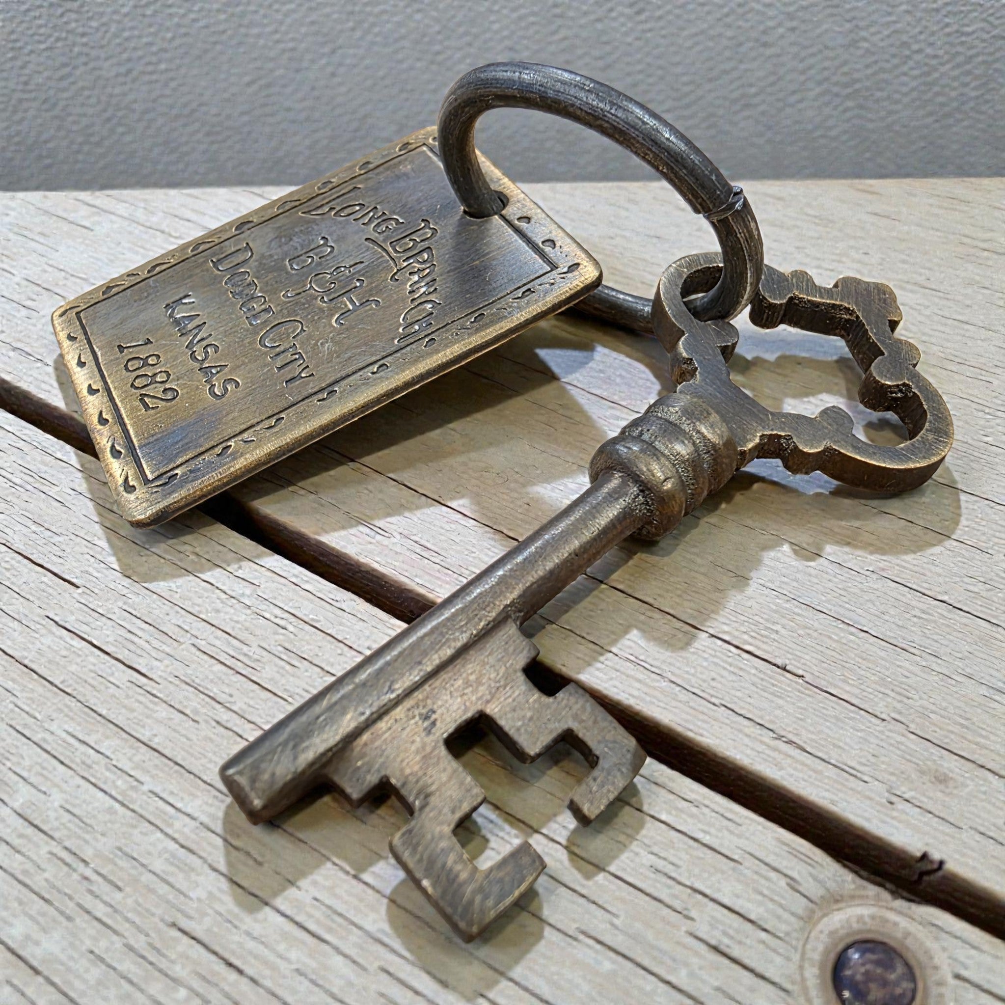 Long Branch 1882 Dodge City Brothel Room Brass Tag & Room Key With Antique Finish (6" Long) - Jones Peak