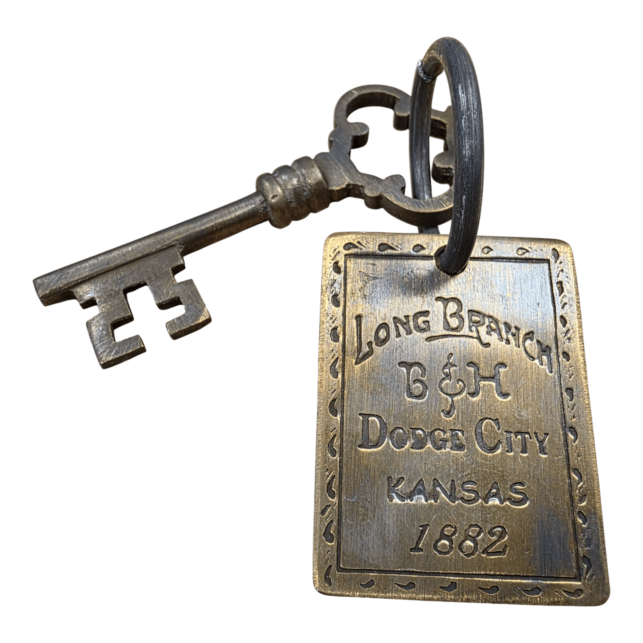 Long Branch 1882 Dodge City Brothel Room Brass Tag & Room Key With Antique Finish (6" Long) - Jones Peak