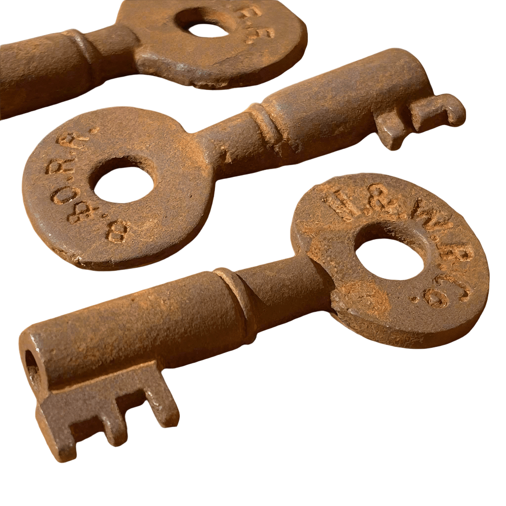 Railroad Keys Cast Iron Stamped With Train Initials (Set of 25) - Jones Peak