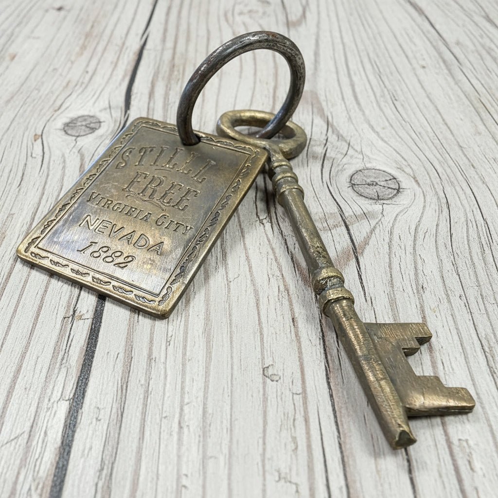 Stella's Virginia City Nevada Brothel Room Brass Tag & Key With Antique Finish (6.5" Long) - Jones Peak