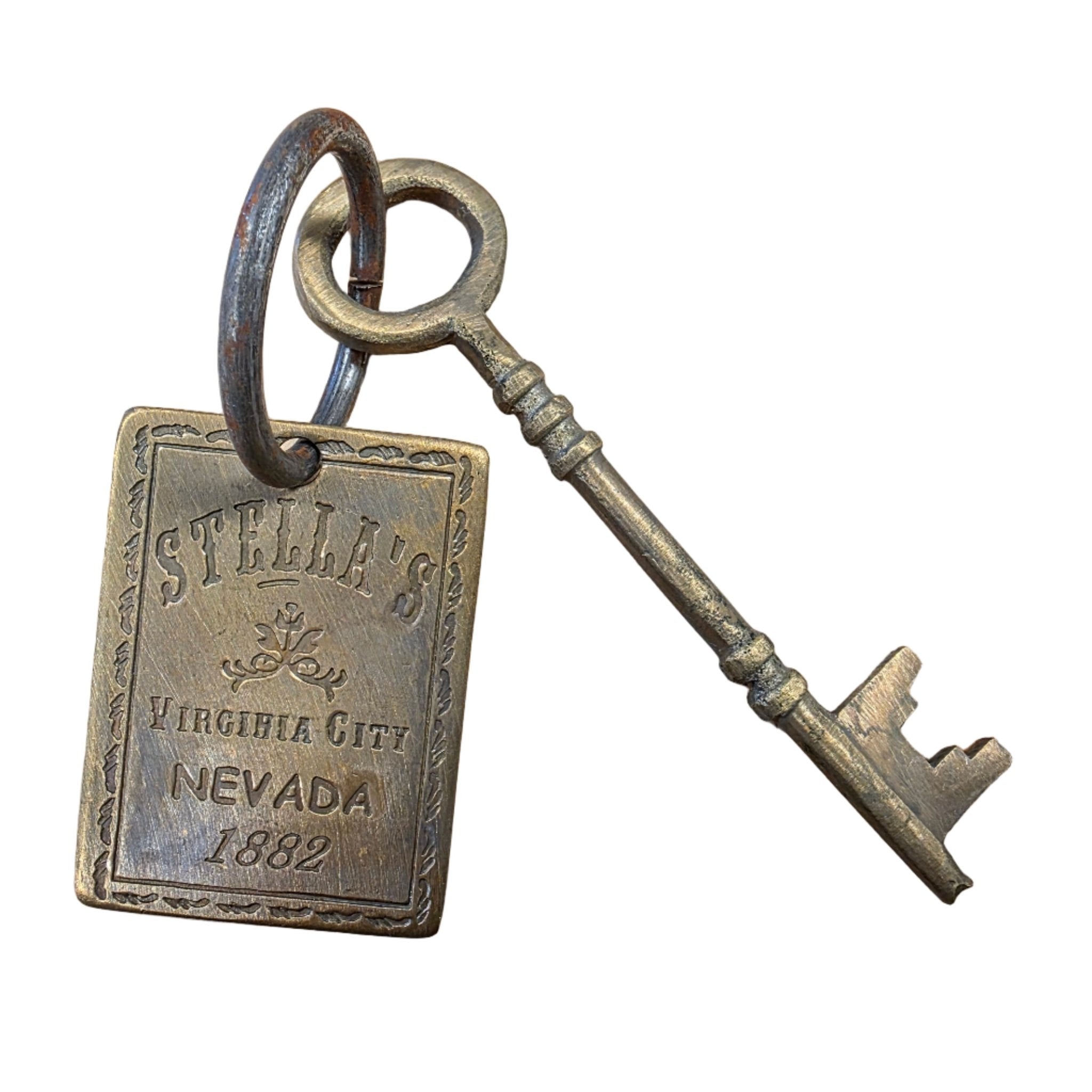 Stella's Virginia City Nevada Brothel Room Brass Tag & Key With Antique Finish (6.5" Long) - Jones Peak