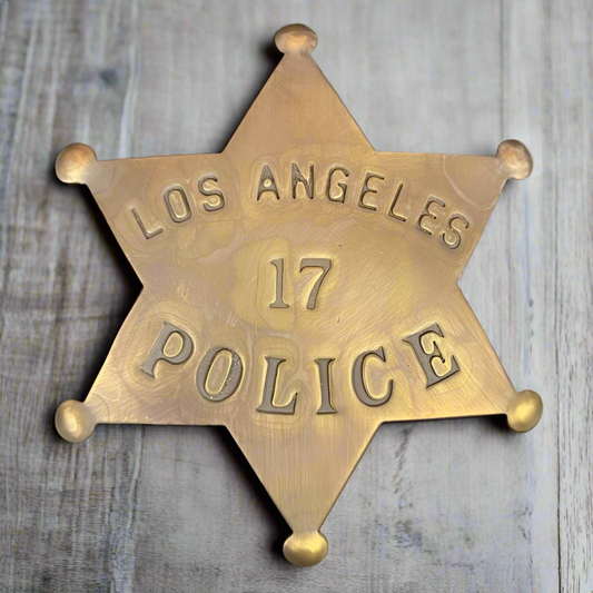 Police Star Badge Solid Brass With Antique Finish & Soldered Pin Back (3" x 2.25")