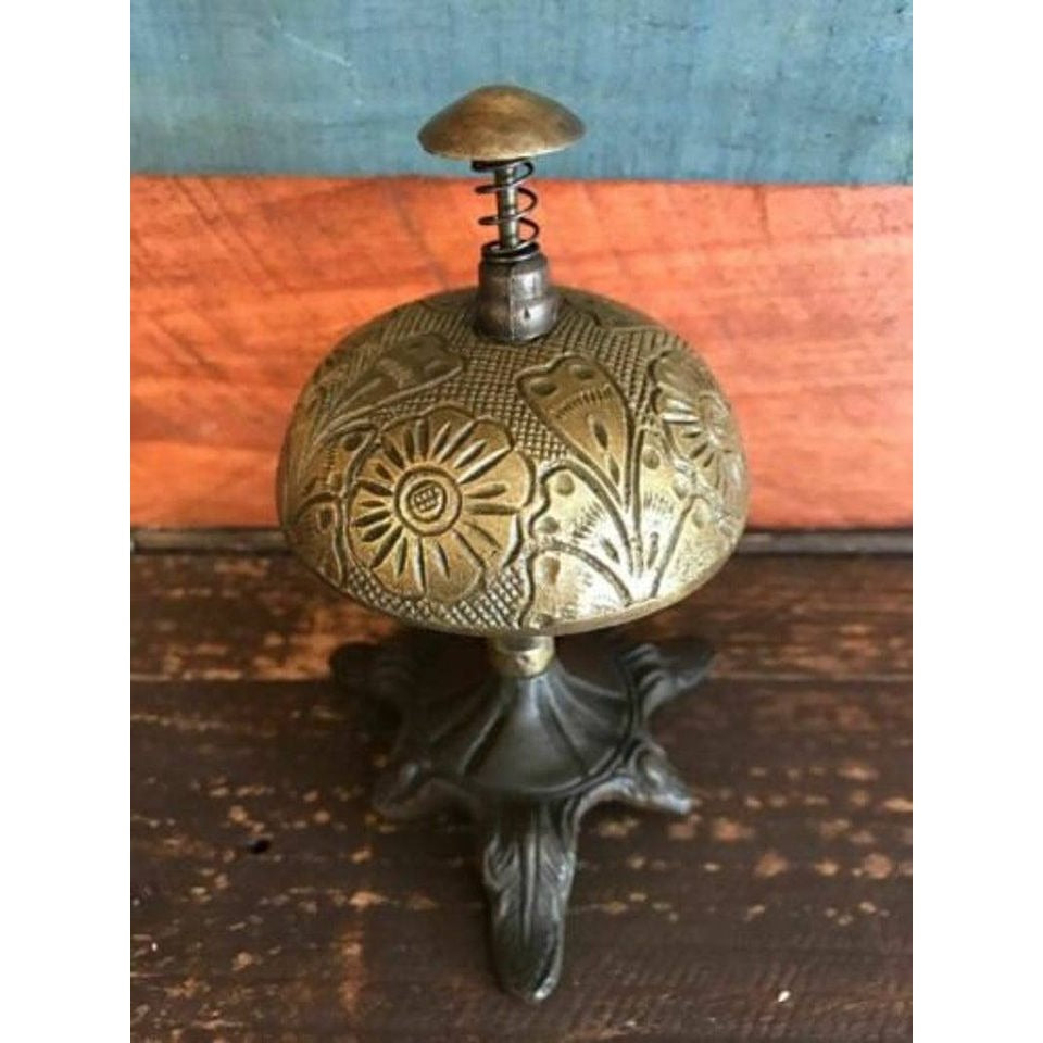 Hotel Desk Bell On Stand Solid Brass With Floral Engraving And Antique Patina Finish (5" x 3.5")