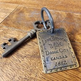 Long Branch 1882 Dodge City Solid Brass Tag & Room Key With Antique Finish (6" Long)