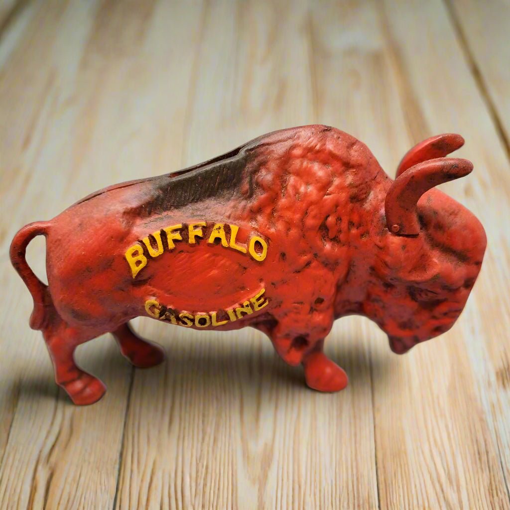 Buffalo Gasoline Cast Iron Coin Bank With Raised Lettering And Painted Antique (7.5" x 5" x 2") - Jones Peak