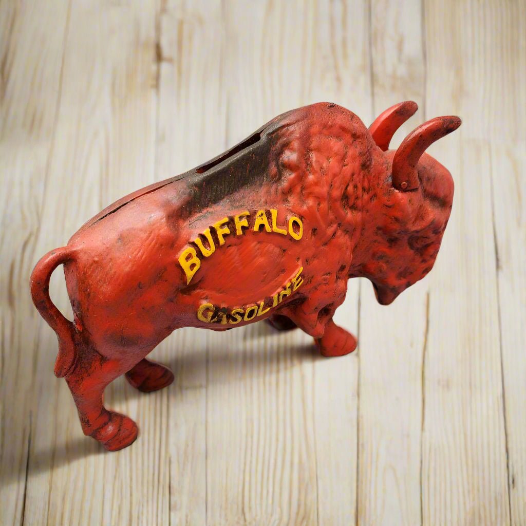 Buffalo Gasoline Cast Iron Coin Bank With Raised Lettering And Painted Antique (7.5" x 5" x 2") - Jones Peak