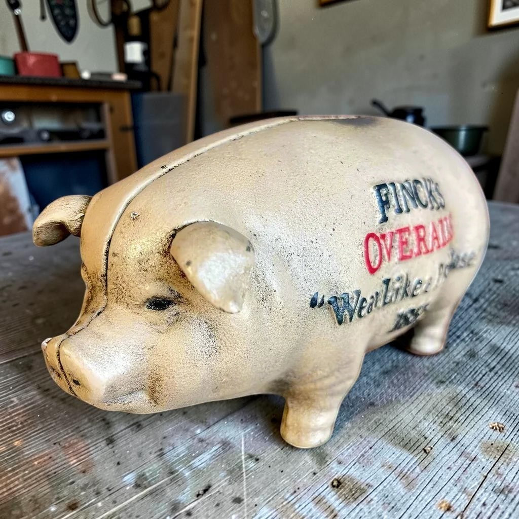 Finck's Overalls 1885 Cast Iron Coin Bank With Raised Lettering Antique Finish (8" x 3" x 3.75") - Jones Peak