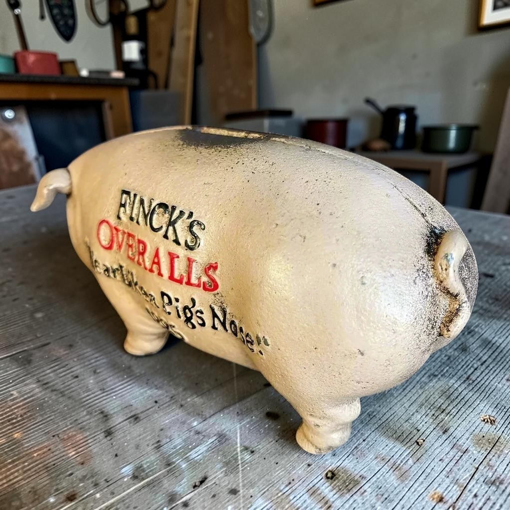 Finck's Overalls 1885 Cast Iron Coin Bank With Raised Lettering Antique Finish (8" x 3" x 3.75") - Jones Peak