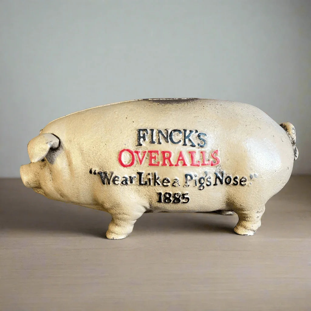 Finck's Overalls 1885 Cast Iron Coin Bank With Raised Lettering Antique Finish (8" x 3" x 3.75") - Jones Peak