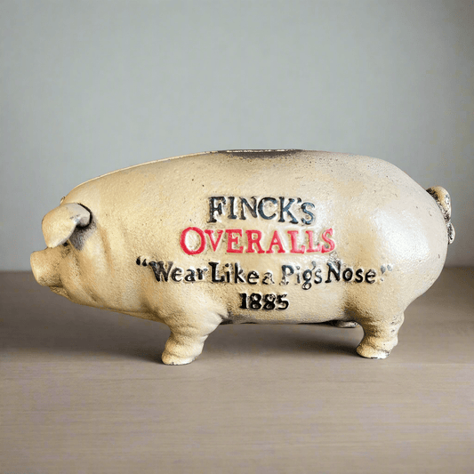 Finck's Overalls 1885 Cast Iron Coin Bank With Raised Lettering Antique Finish (8" x 3" x 3.75") - Jones Peak