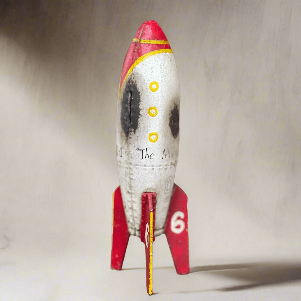 Rocket To The Moon Cast Iron Coin Bank With Painted Antique Finish (9" x 3") - Jones Peak